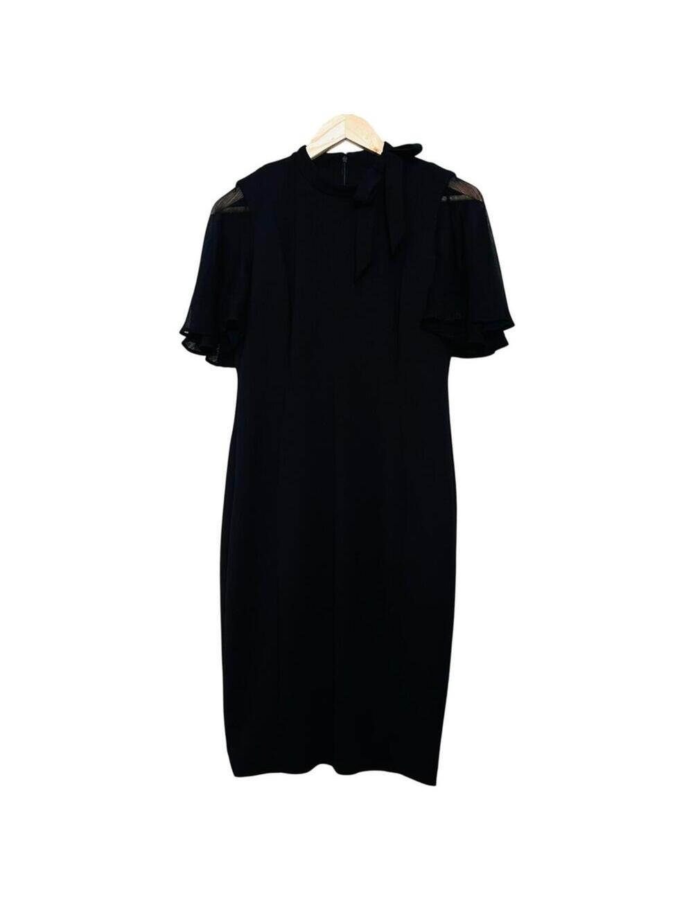 NWOT CALVIN KLEIN Black Flutter Sleeve Bow‑Neck Dress 12 Work Career Knee Length